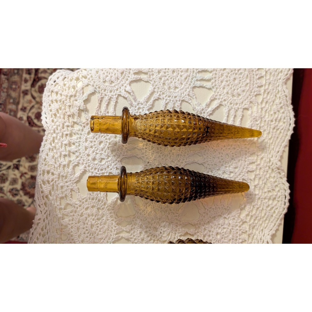 2 Vintage MCM Empoli Amber Diamond Point Glass Genie Bottle Decanter 22" Italy - Picture 12 of 16